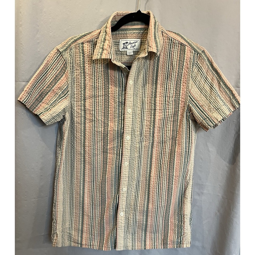 American Eagle Multicolor Pink Green Short Sleeve Button-Up Casual Men's XS
